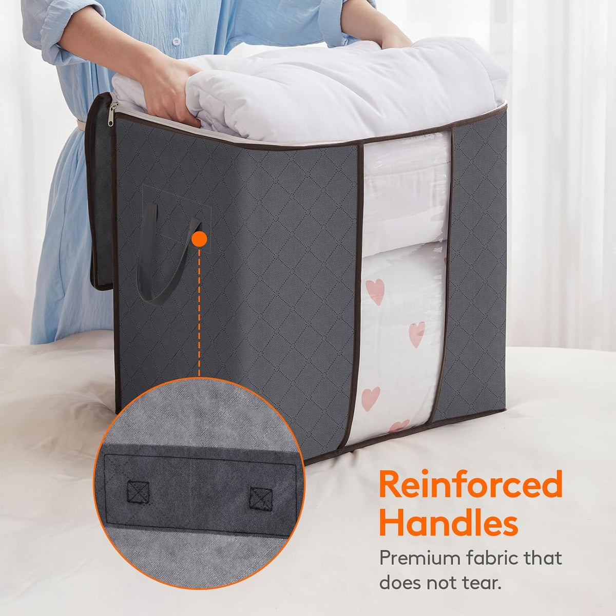 3 Pack 100L Clothes Storage Bins with Lids, Foldable Blanket Storage Bags with Zippers, Clear Window and Reinforced Handles, Closet and Organization for Clothing, Sweater, Comforter, Bedding