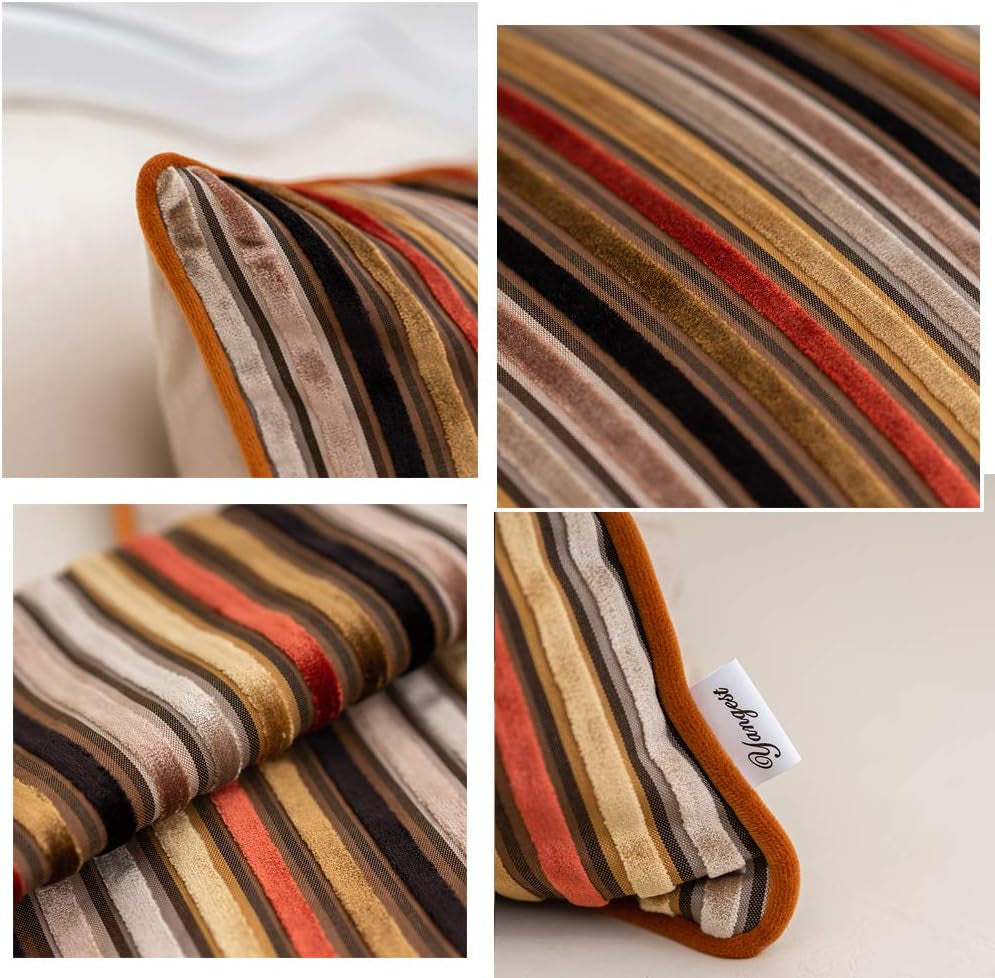 Orange Striped Throw Pillow Cover Multicolor Velvet Cushion Cover Modern Bohemian Pillowcase for Sofa Couch Bedroom Living Room Home Christmas Decoration,20X20 Inch