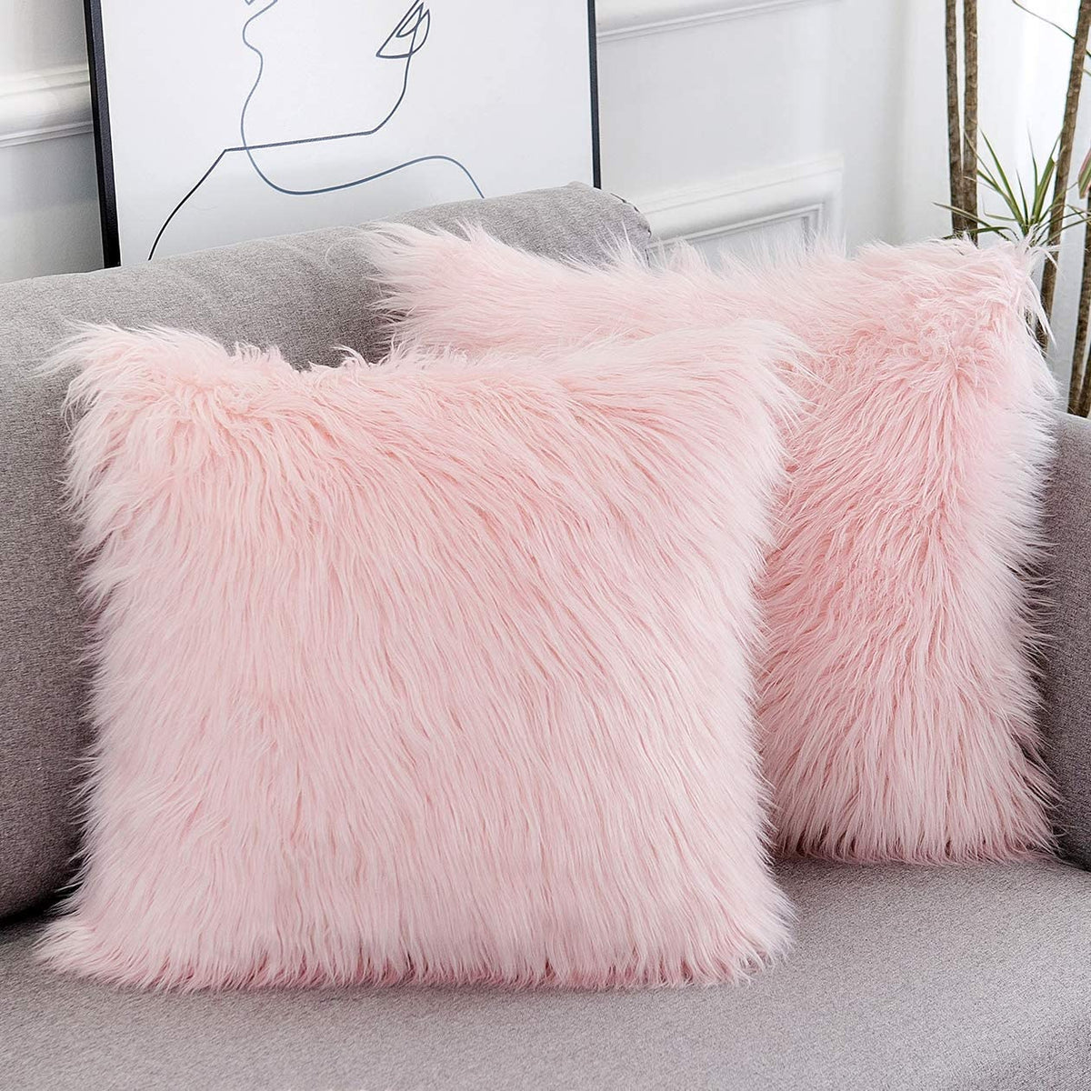 Pink Throw Pillow Covers 18X18 Inch Set of 2 Faux Fur Pillow Covers
