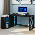L Shaped Desk with LED Light & Power Outlets, 55 Inch Reversible Corner Desk with File Cabinet & Storage Shelves, Computer Desk Office Desk Writing Desk for Home Office, Black