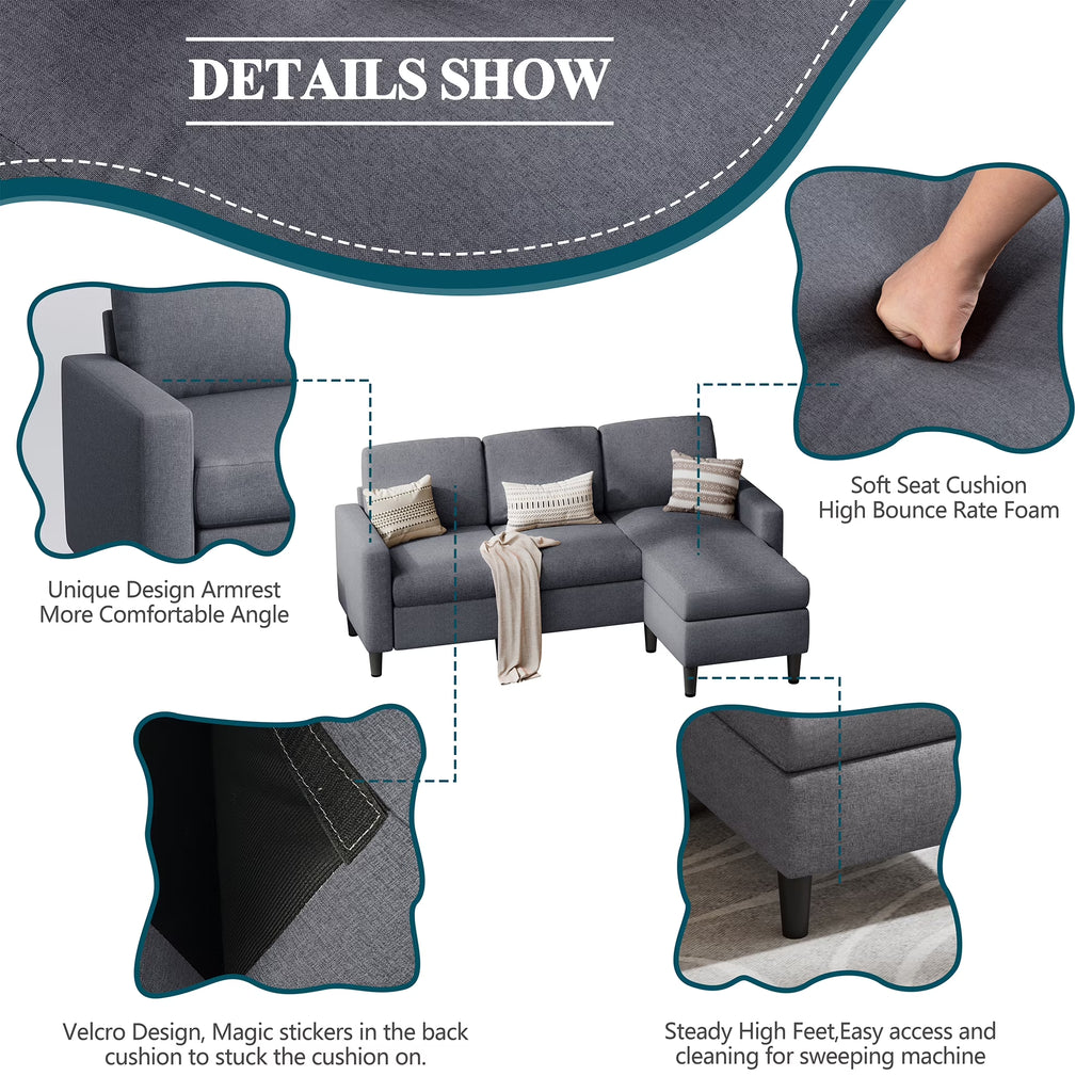 73.6" Convertible Sectional Sofa Couch, L-Shaped 3-Seat Sofa Couch with Reversible Chaise for Small Space,Dark Gray