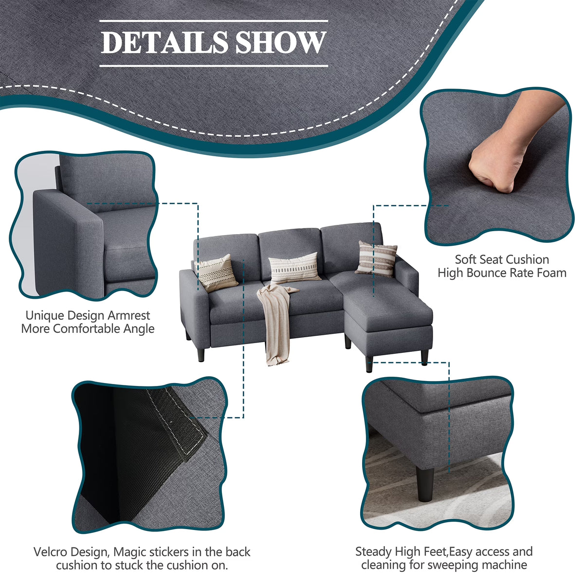 73.6" Convertible Sectional Sofa Couch, L-Shaped 3-Seat Sofa Couch with Reversible Chaise for Small Space,Dark Gray