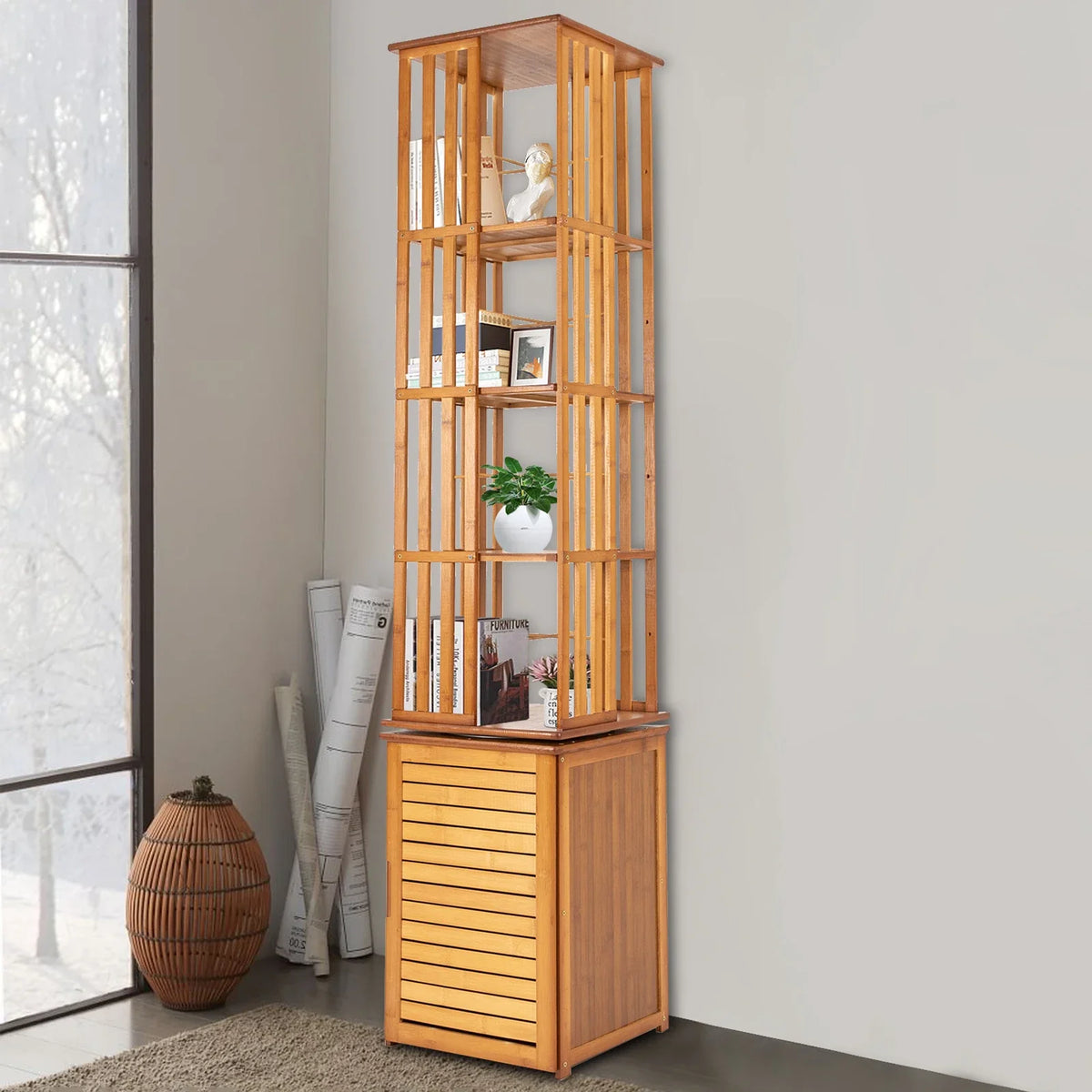 6-Tier Corner Bamboo Book Shelf Waterproof 360° Rotating Storage Display Rack Floor Standing Bookcase Shutter Door Design for Living Room Study Room Office,37*37*172Cm