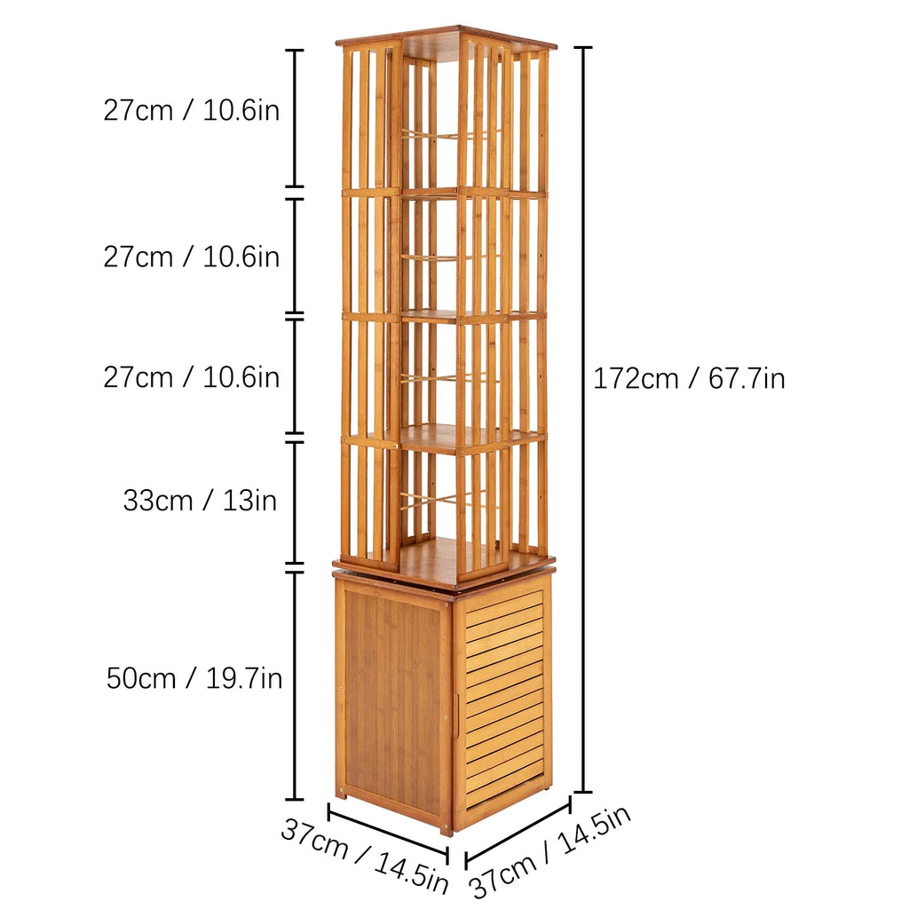 6-Tier Corner Bamboo Book Shelf Waterproof 360° Rotating Storage Display Rack Floor Standing Bookcase Shutter Door Design for Living Room Study Room Office,37*37*172Cm