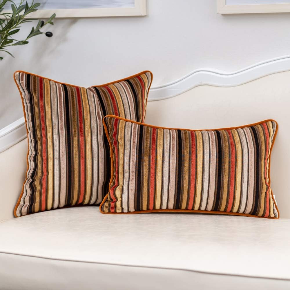 Orange Striped Throw Pillow Cover Multicolor Velvet Cushion Cover Modern Bohemian Pillowcase for Sofa Couch Bedroom Living Room Home Christmas Decoration,20X20 Inch