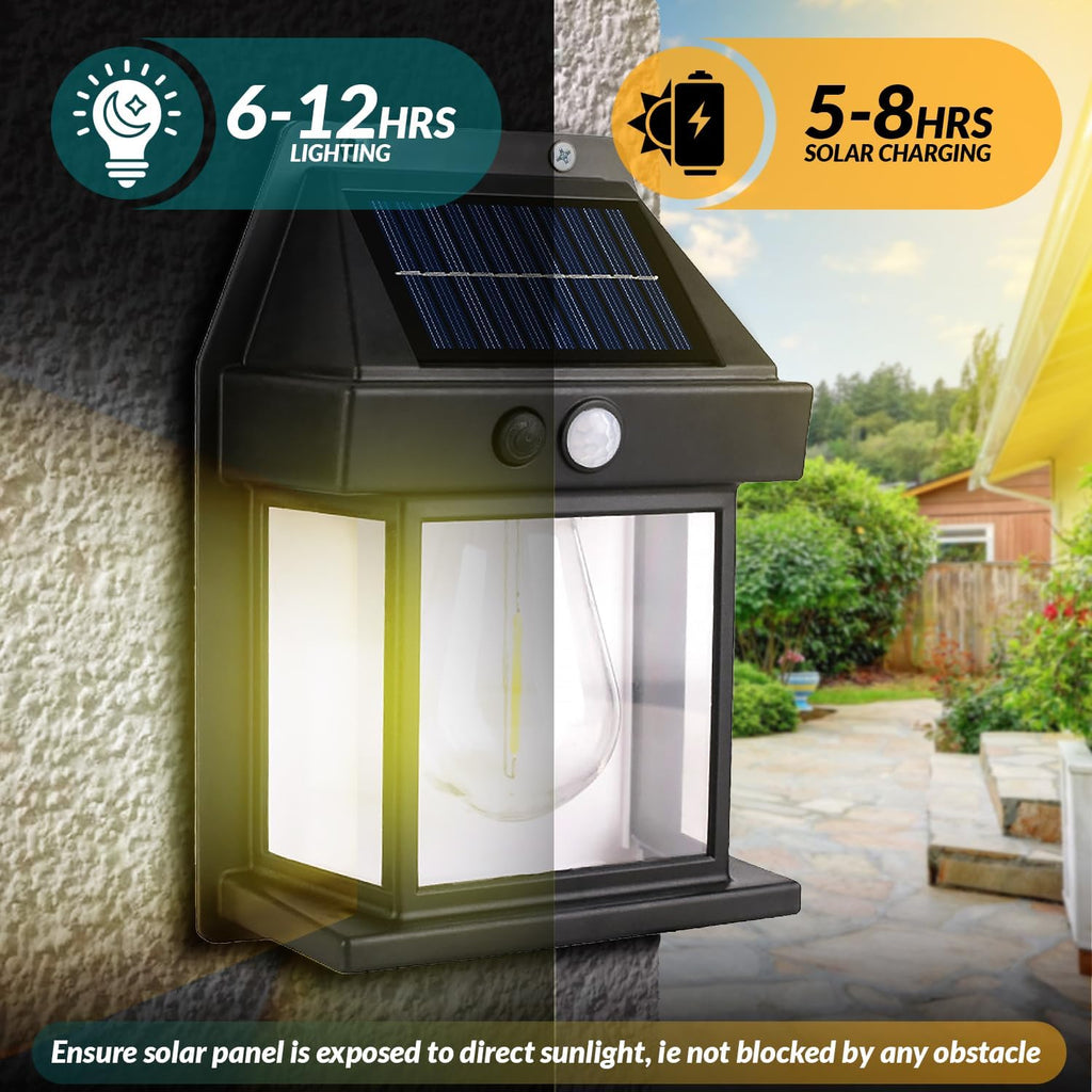 Solar Wall Lights Outdoor [2 Pack] Dusk to Dawn Solar Motion Lights Outdoor, Waterproof, 3 Lighting Modes, Wall Mount Light Sconces for outside Patio Fence Yard Garage (BLACK-1 BULB, 2 PACK STANDARD)