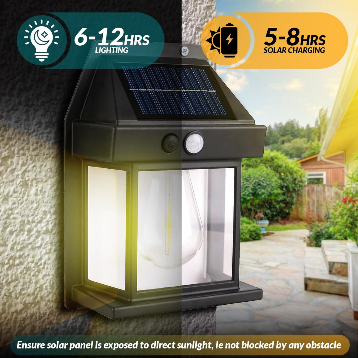 Solar Wall Lights Outdoor [2 Pack] Dusk to Dawn Solar Motion Lights Outdoor, Waterproof, 3 Lighting Modes, Wall Mount Light Sconces for outside Patio Fence Yard Garage (BLACK-1 BULB, 2 PACK STANDARD)