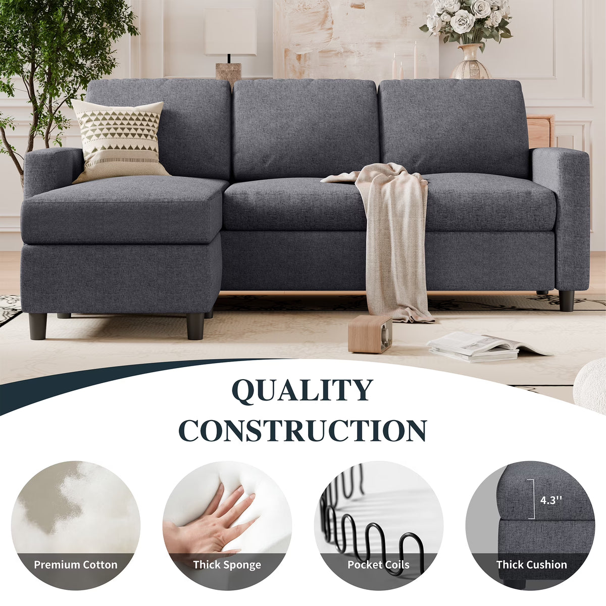 73.6" Convertible Sectional Sofa Couch, L-Shaped 3-Seat Sofa Couch with Reversible Chaise for Small Space,Dark Gray