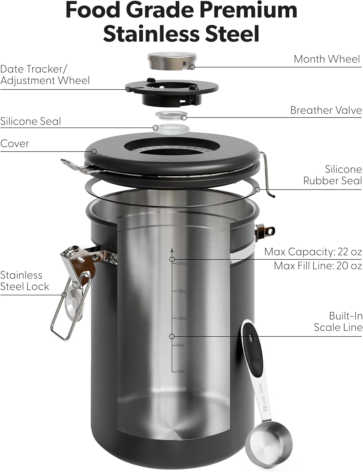 Coffee Canister with Window, Airtight Stainless Steel Container, 22OZ