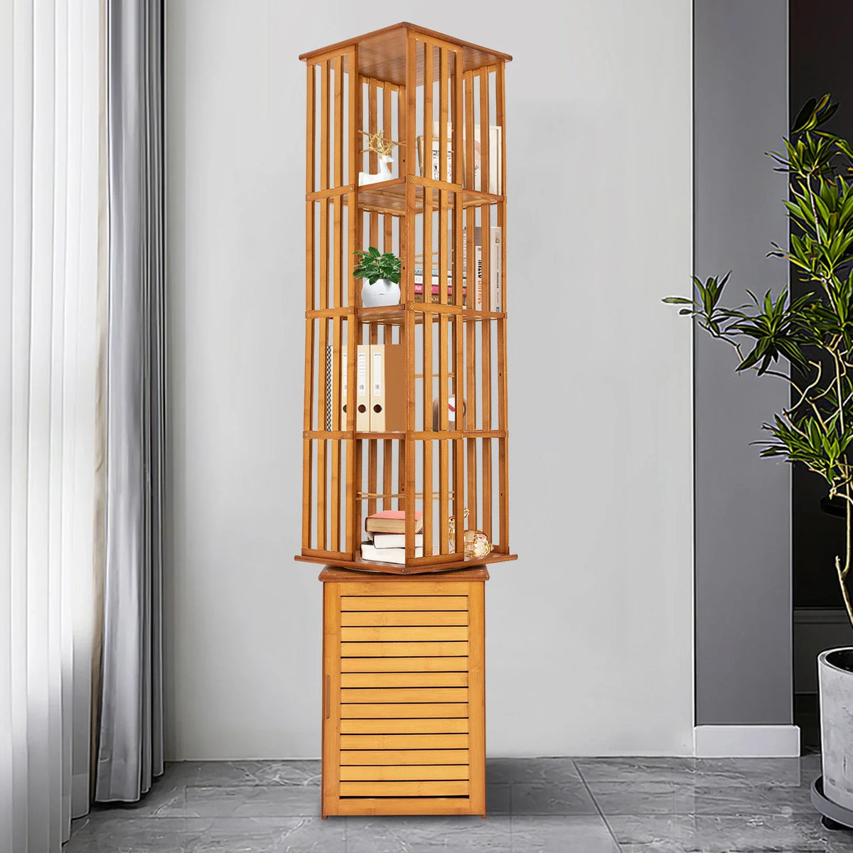 6-Tier Corner Bamboo Book Shelf Waterproof 360° Rotating Storage Display Rack Floor Standing Bookcase Shutter Door Design for Living Room Study Room Office,37*37*172Cm