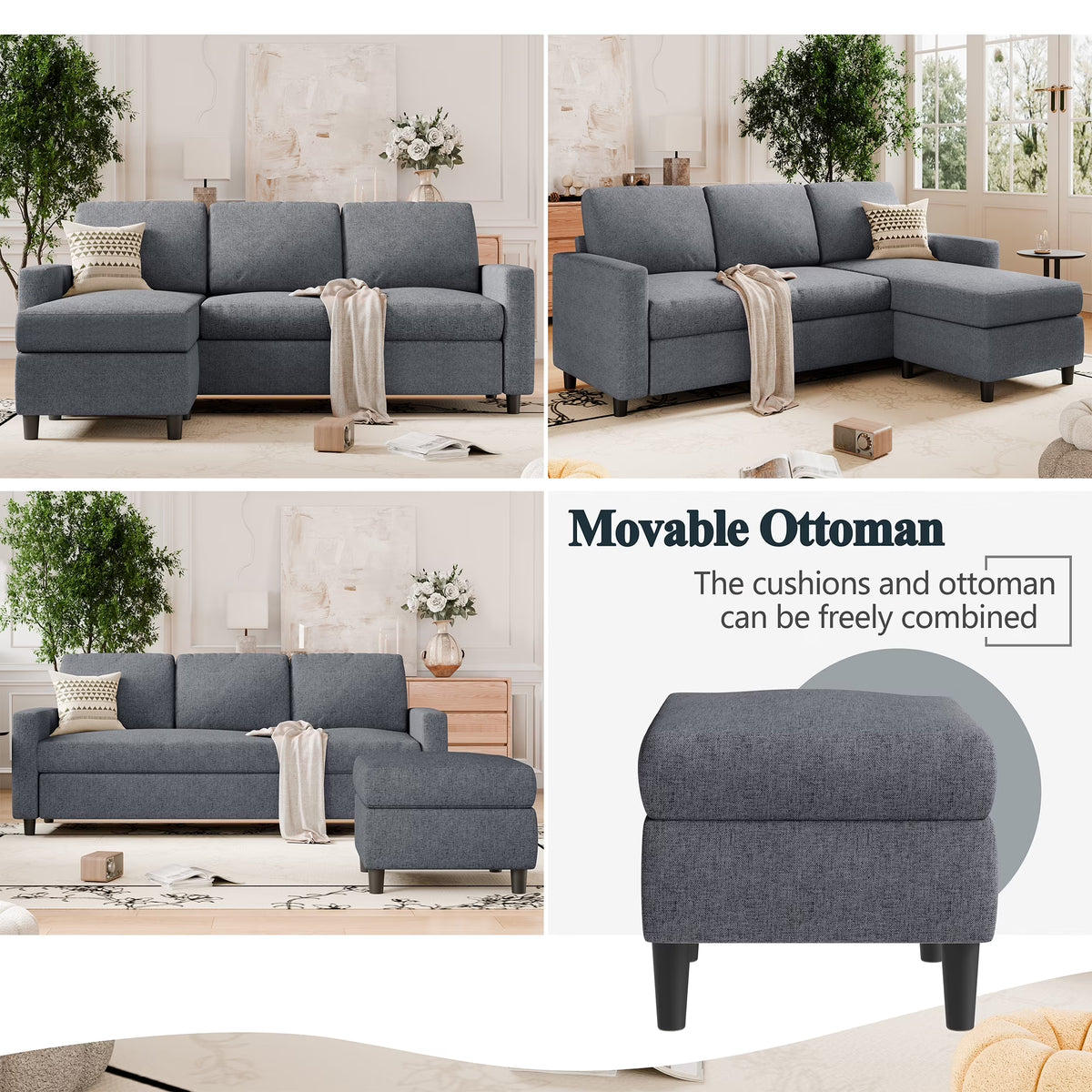 73.6" Convertible Sectional Sofa Couch, L-Shaped 3-Seat Sofa Couch with Reversible Chaise for Small Space,Dark Gray