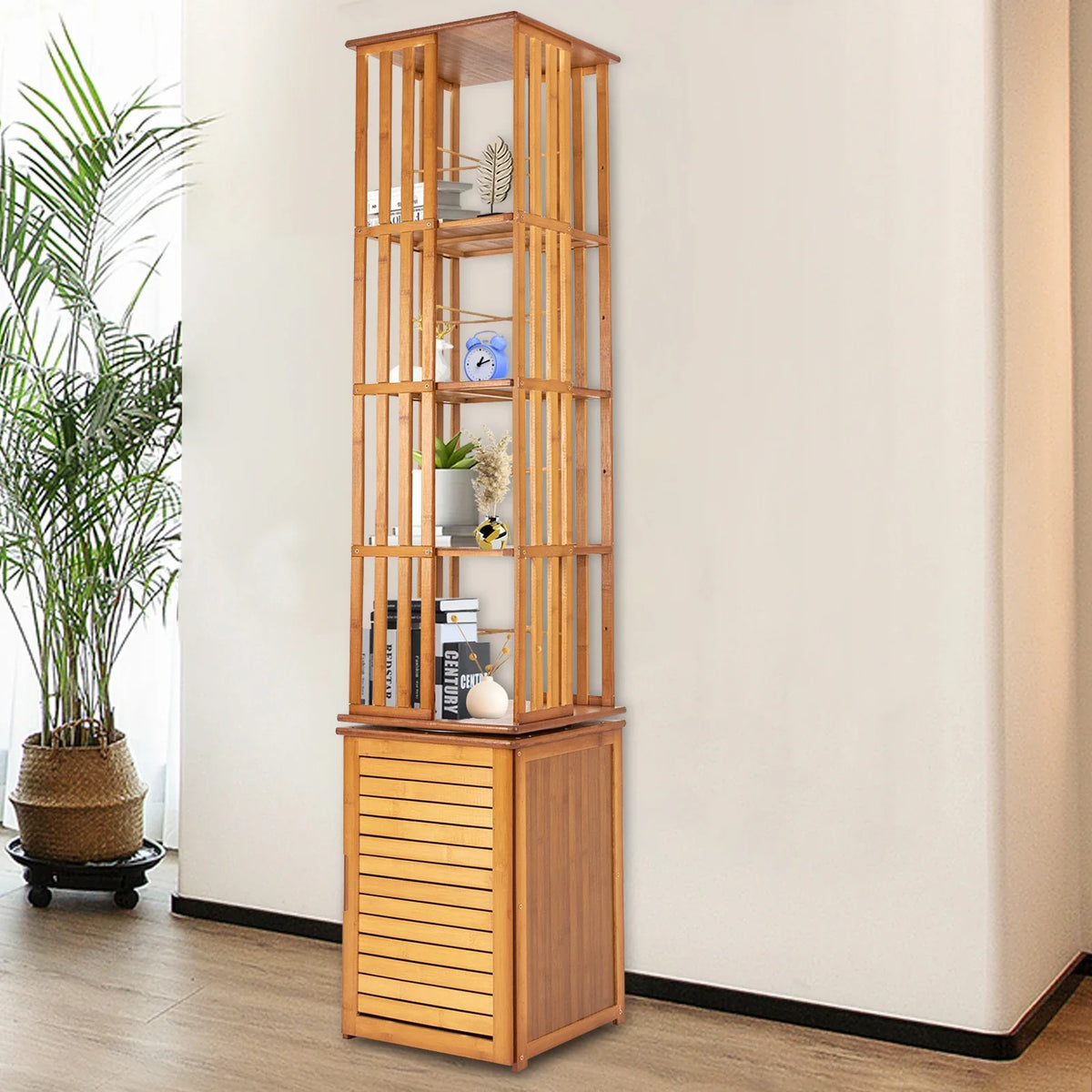 6-Tier Corner Bamboo Book Shelf Waterproof 360° Rotating Storage Display Rack Floor Standing Bookcase Shutter Door Design for Living Room Study Room Office,37*37*172Cm