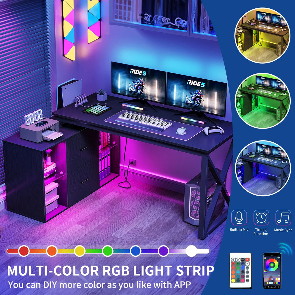 L Shaped Desk with LED Light & Power Outlets, 55 Inch Reversible Corner Desk with File Cabinet & Storage Shelves, Computer Desk Office Desk Writing Desk for Home Office, Black