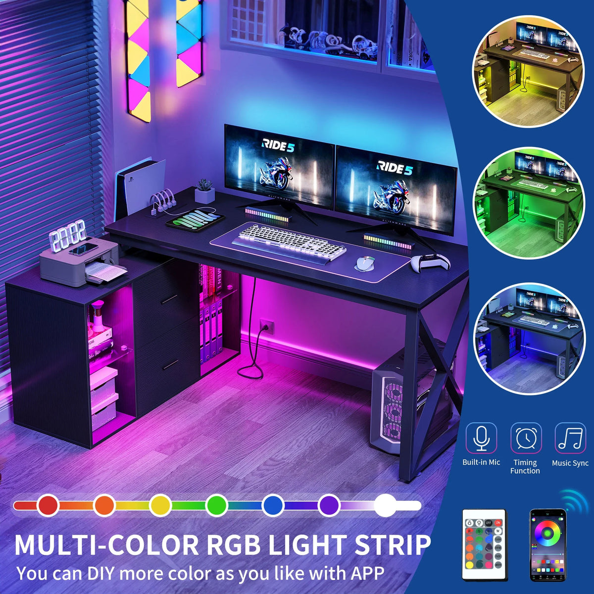 L Shaped Desk with LED Light & Power Outlets, 55 Inch Reversible Corner Desk with File Cabinet & Storage Shelves, Computer Desk Office Desk Writing Desk for Home Office, Black