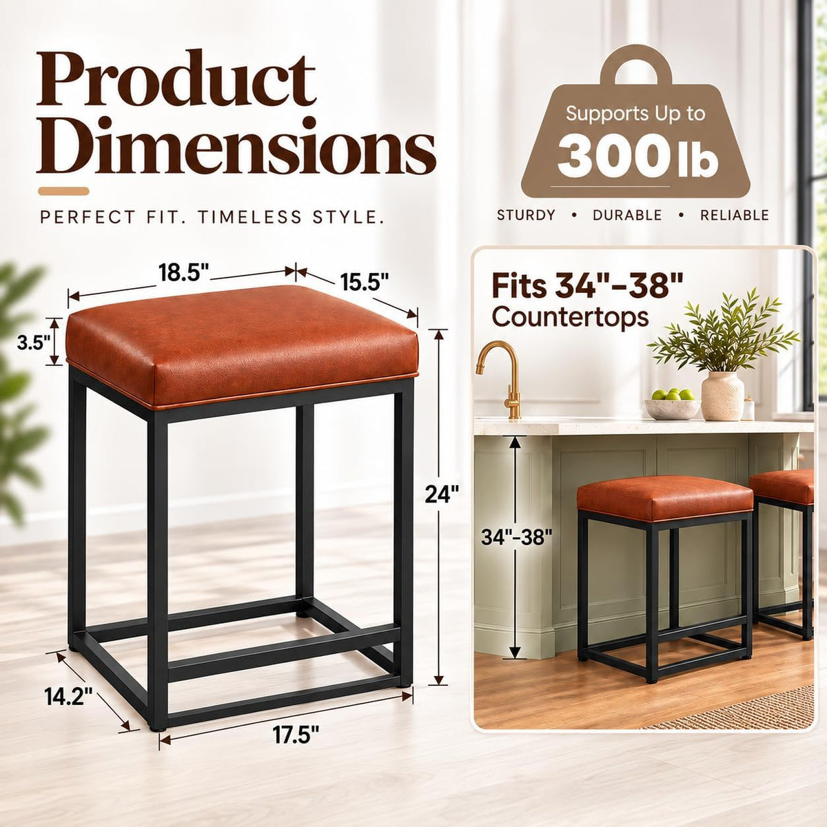 Counter Height Bar Stools Set of 2, Kitchen Backless Barstools