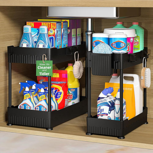 2-Pack under Sink Organizer with Hooks & Hanging Cup for Kitchen